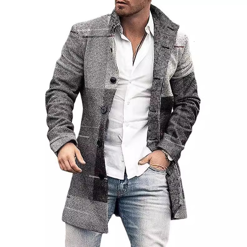 Spring new mens standing collar mid length woolen coat mens casual coat mens clothing