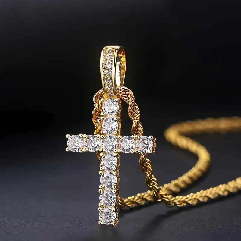 Iced Out White Gold Plated Cubic Zirconia Cross Pendant Necklace With Rope Chain Trendy Hip Hop Cross Faith Pendant Jesus Crystal Necklace For Men Wom