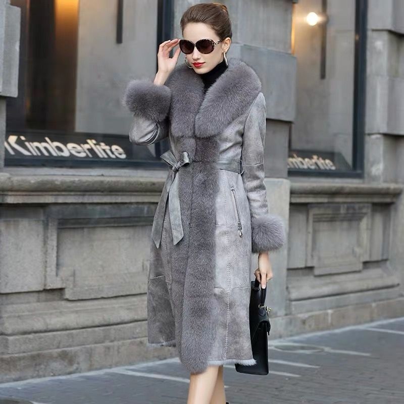 2025 Winter New Fox Fur Collar Genuine Leather Slim Fit Long Shearling Coat for Women 241120