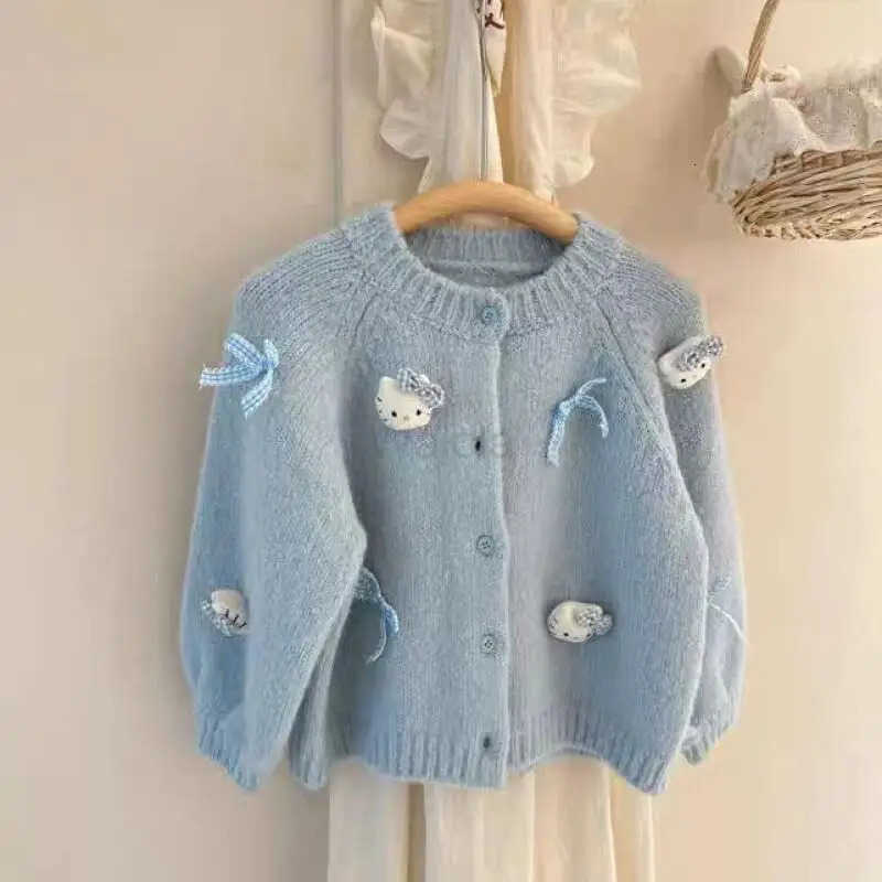 Sanrio Hello Kitty Kids Cardigan Girl Cartoon Kawaii Fashion Sweater Loose Bow Knit Coat Spring Autumn Clothes Girls Gift New H251105