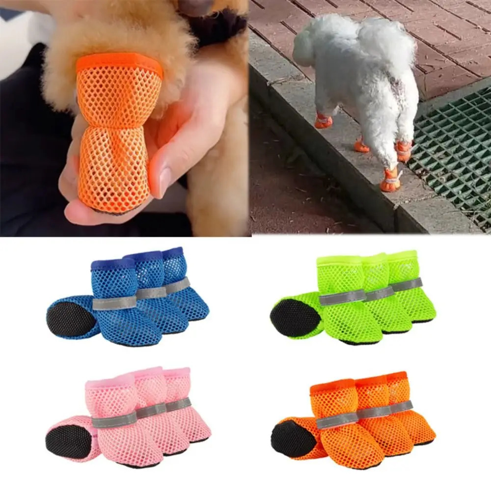 4pcs/set Fashion Breathable Dog Mesh Shoes Non-slip Reflective Dog Net Shoes Wear Resistant Pet Short Boots Spring 250402