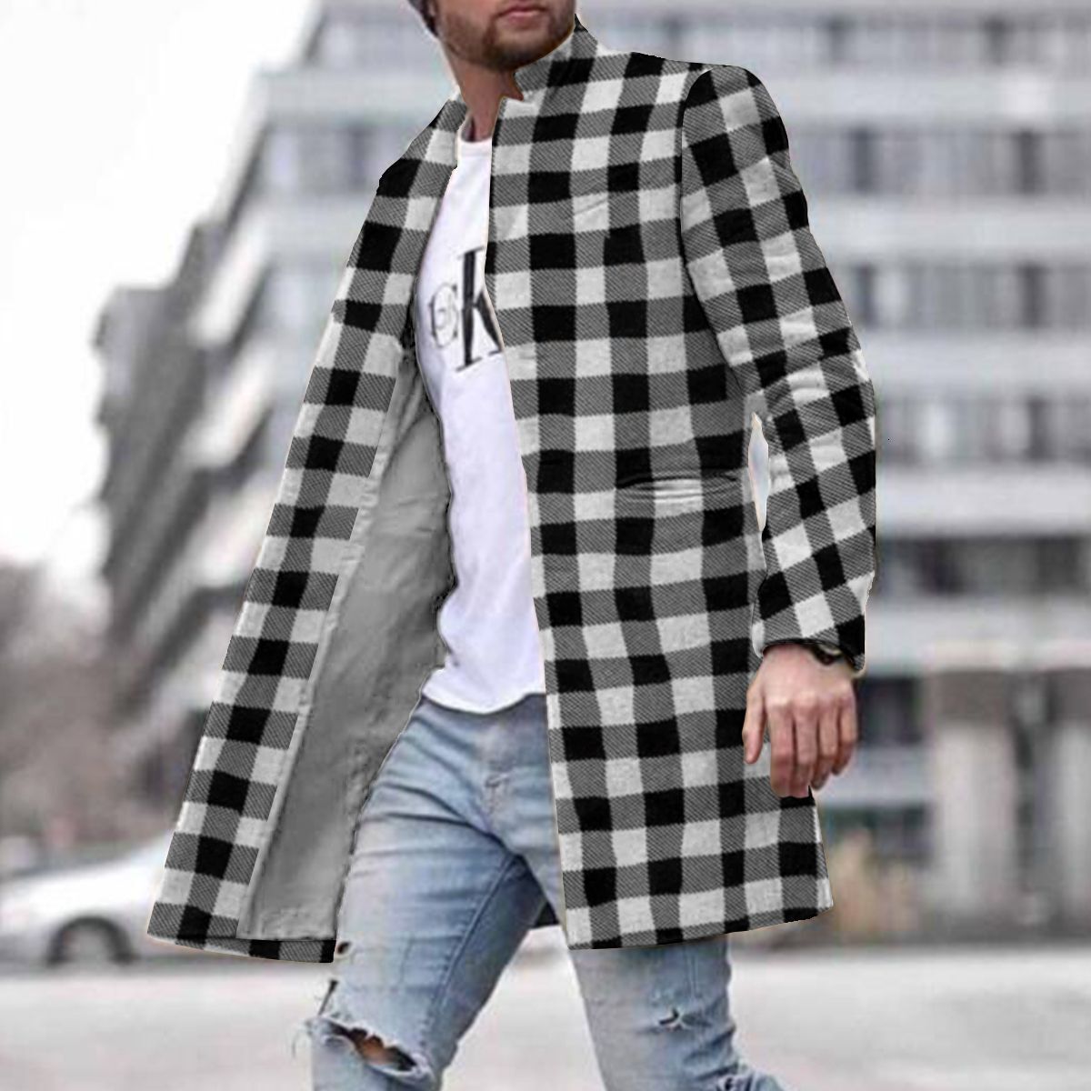 Spring new mens street youth woolen stand collar mid length pocket casual mens coat mens