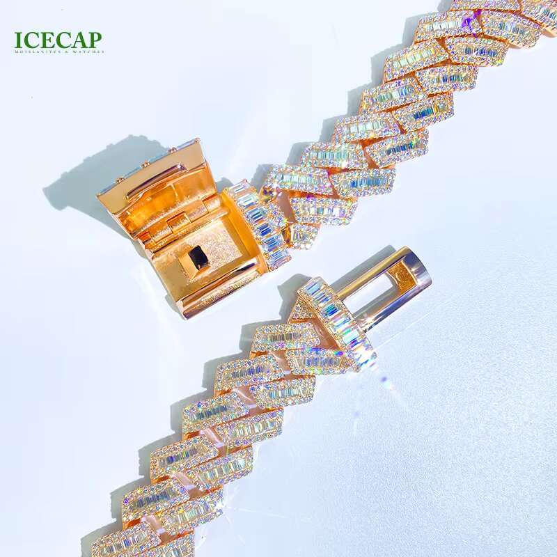 Heavy Solid 925 Silver Rose Gold Trapezoid Cuban Chain Necklace Moissanite Diamond Bracelet for Rapper HipHop Cuban Link Chain