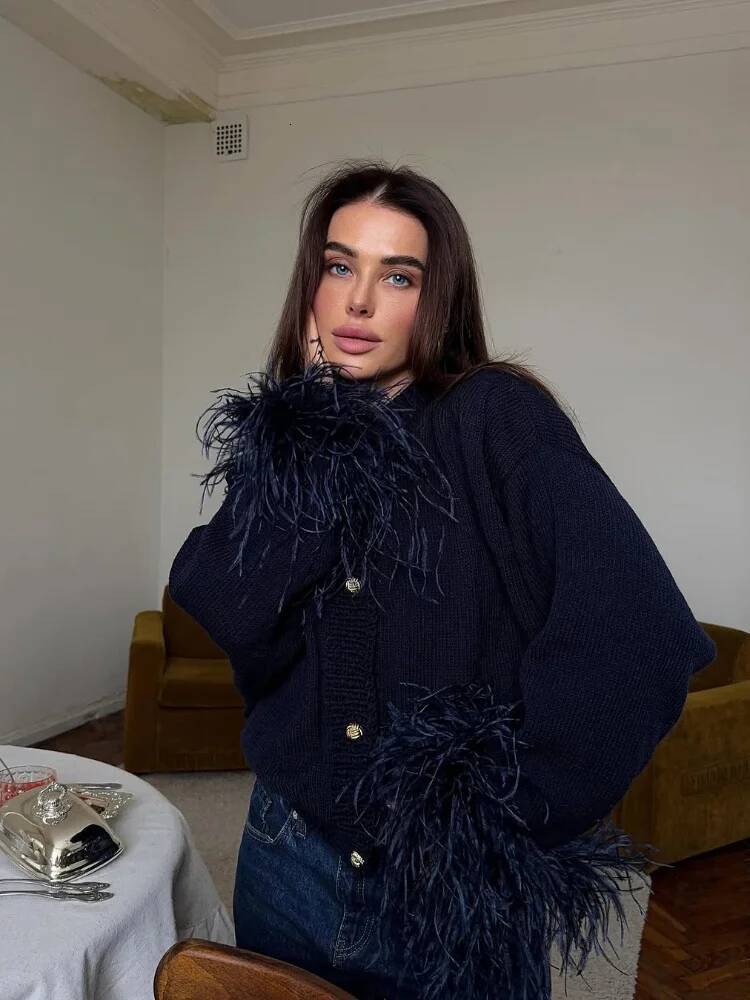 winter jacket women Feather Patchwork Knitted Cardigan Women Chic O-neck Long Sleeve Single-breasted Short Sweater 2025 Lady High Street Knitwear