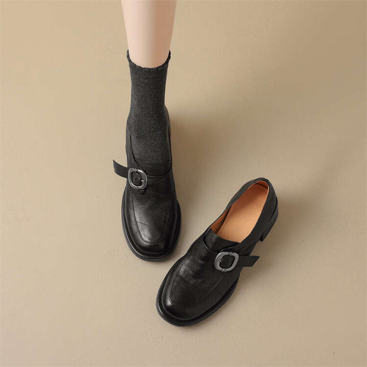 British Style Metal Belt Buckle Small for Women Thick Designer Shoe Round Toe Platform High Heel Loafers Soft Leather Single Shoes