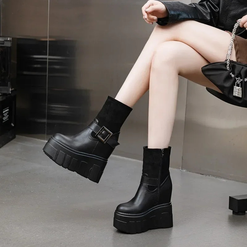 14CM Synthetic Genuine Leather Stretch Fabric Black Winter Plush Spring Knee High Ankle Boots Woman ZIP Motorcycle Autumn Shoes 251031