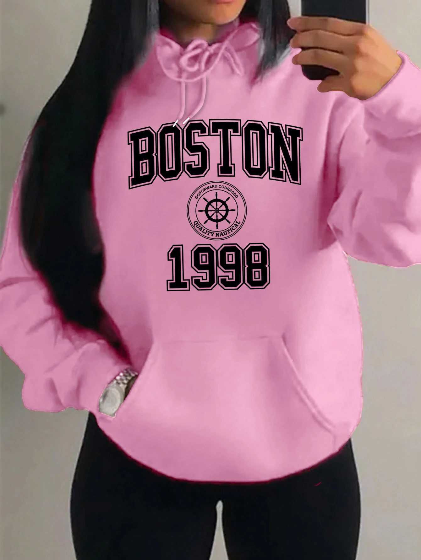 Boston City 1998 Art Letter Printing Hoody Women Pocket Y2K Fleece Hoodie Autumn Multicolor Sportswear Hip Hop Loose ClothesT251105