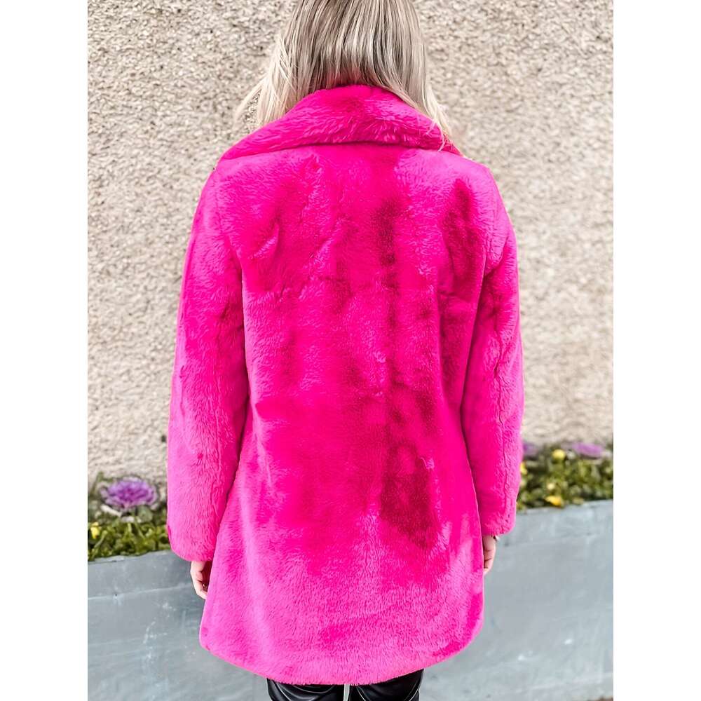 Women's Elegant Mid-Length Faux Fur - Long Sleeve, Button-Up Front, Pockets, Non-Stretch Fabric, Solid Color, Winter Coat For Fall & Winter, Casu
