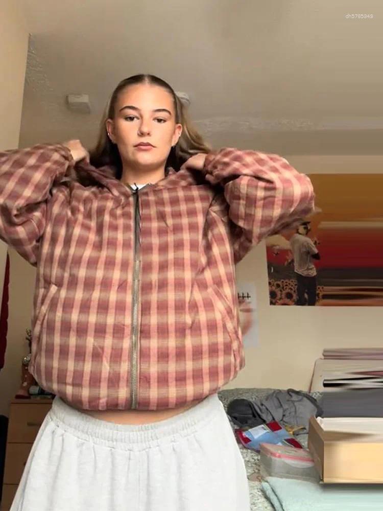 Women's Jackets Casual Plaid Hooded Padded Jacket For Women Fashion Long Sleeve Zipper Pocket Loose Coat Lady 2025 Autumn Winter Warm