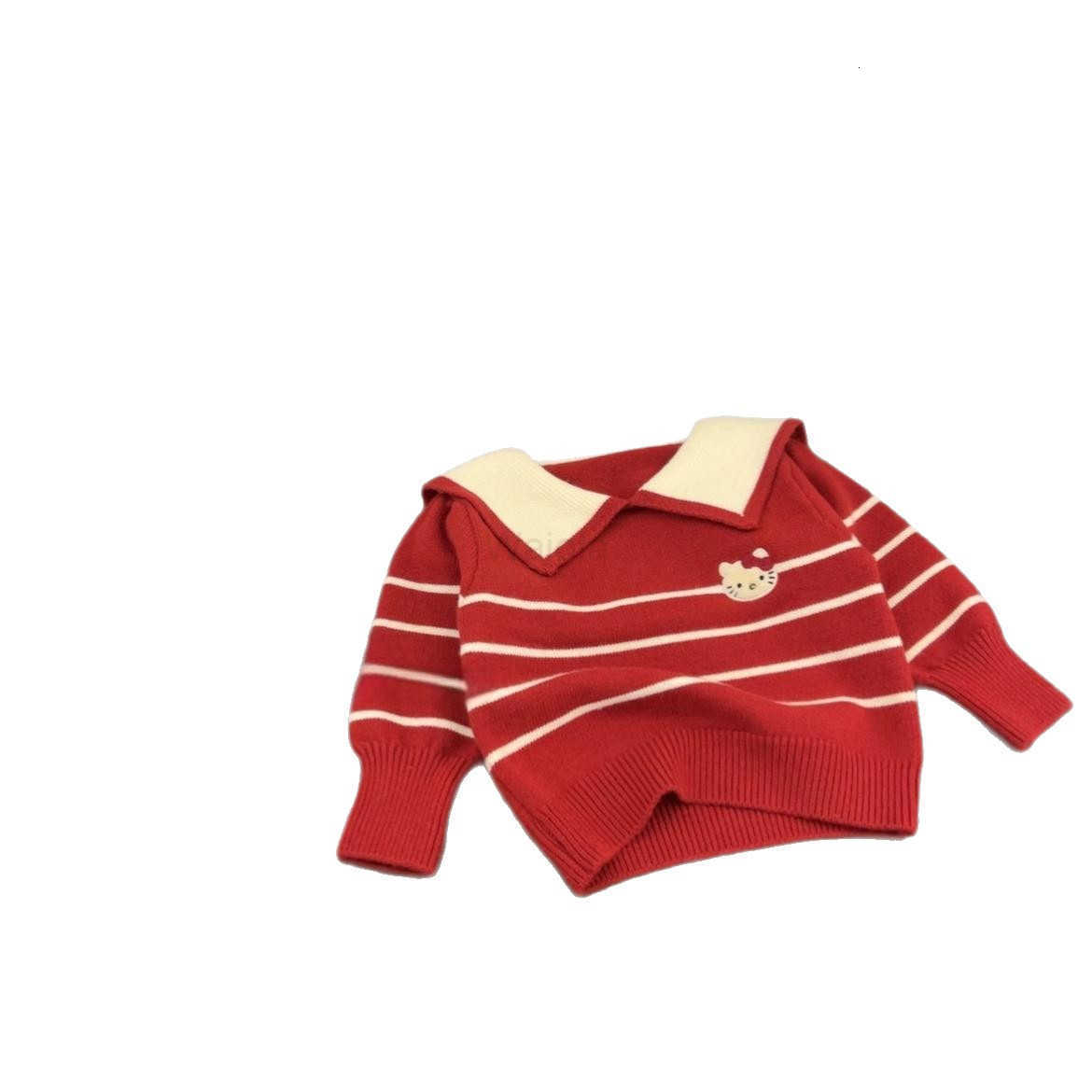 Sanrio Little Five Class Sweater 2025 New Korean Version Childrens Girls Sweater Cartoon KT Cat Striped Turn-down Collar Knitted Trendy H251105