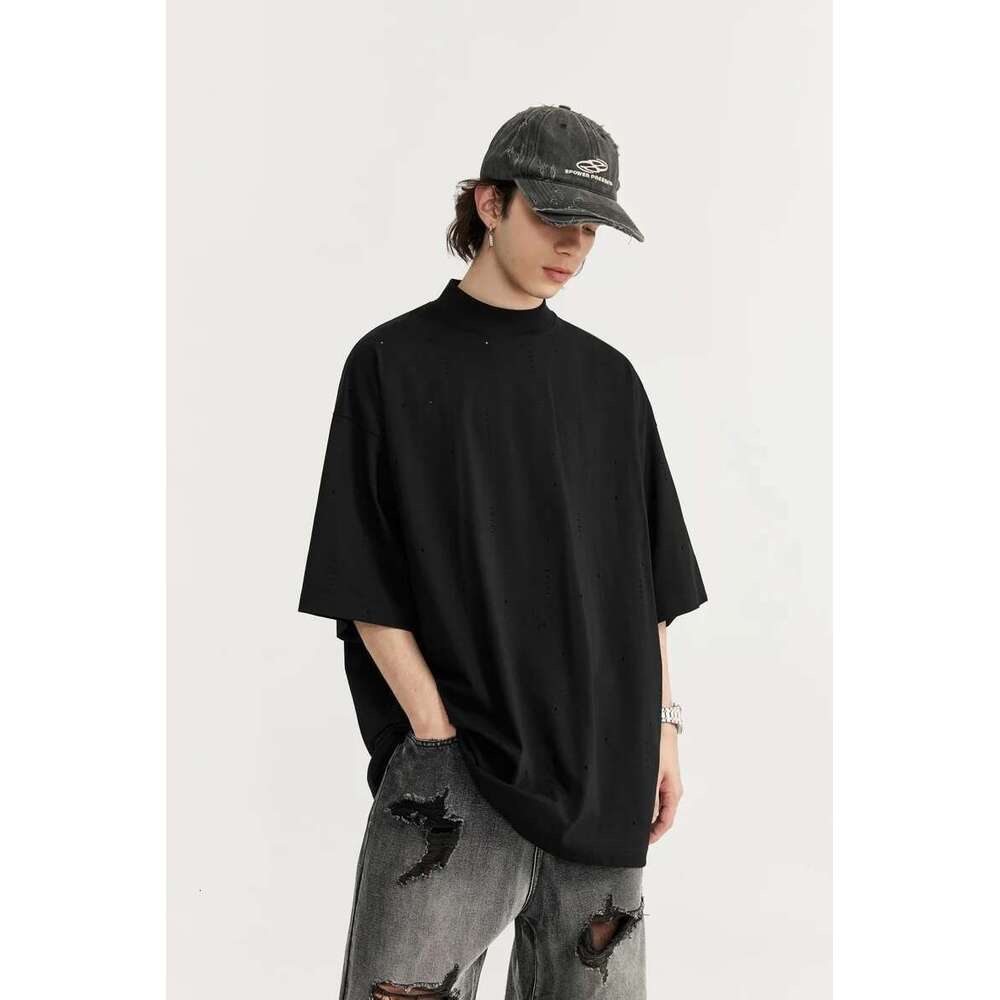 Streetwear Ripped Tees Men Heavyweight Mock Neck Oversized Cotton Tshirts