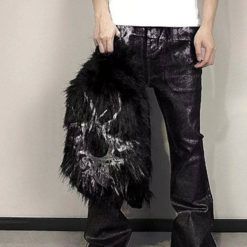 Vintage Print Fluffy Backpack Personality Y2k Aesthetic Fashion Schoolbags Women Casual Harajuku Streetwear All Match Backpacks 251104