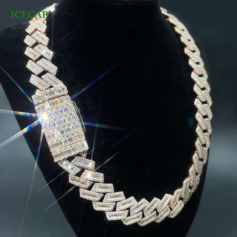 Custom Hip Hop Jewelry 10k Real Gold Plated Cuban Chain Full Baguette Cut White D VVS Moissnaite Past Diamond Tester Necklace