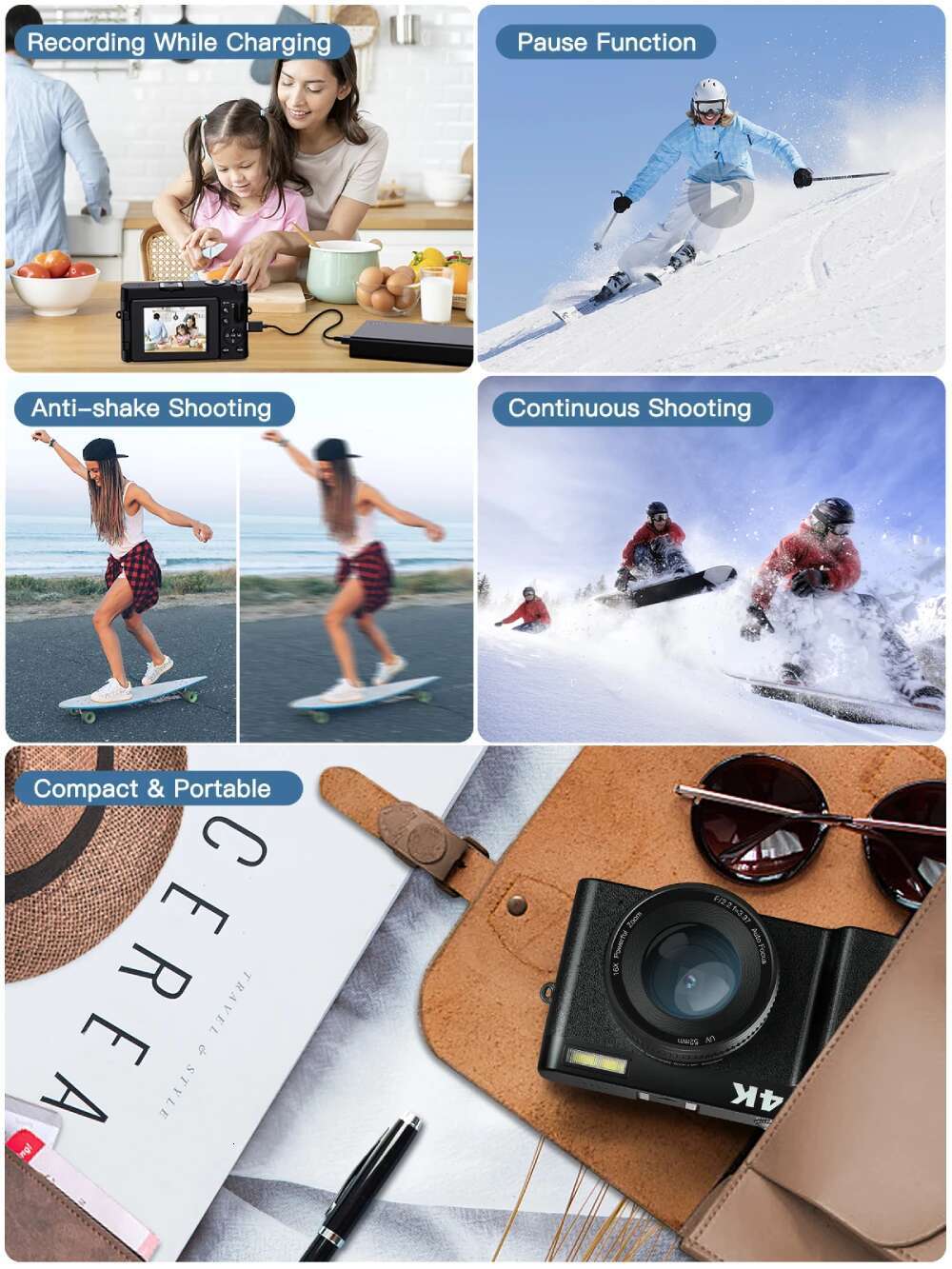 4K Digital for Photography and Video Autofocus Anti-Shake 48MP Compact Vlogging Camera 3'' 180° Flip Screen with Flash