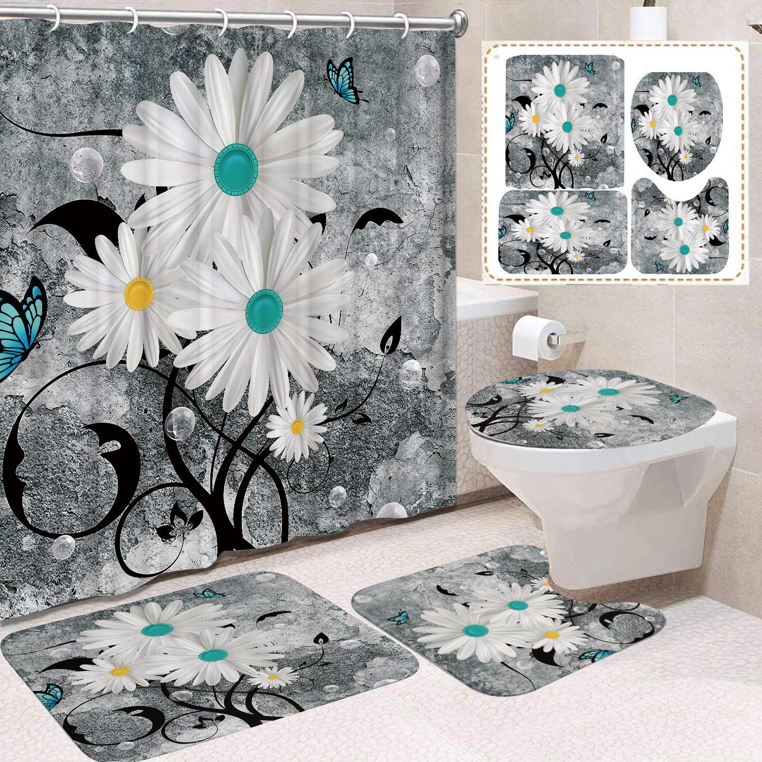 YL-37635 Customized 3D Watercolor Butterfly and Daisy Shower Curtain/Toilet Partition Curtain/No-Drill Curtain/Shower Curtain