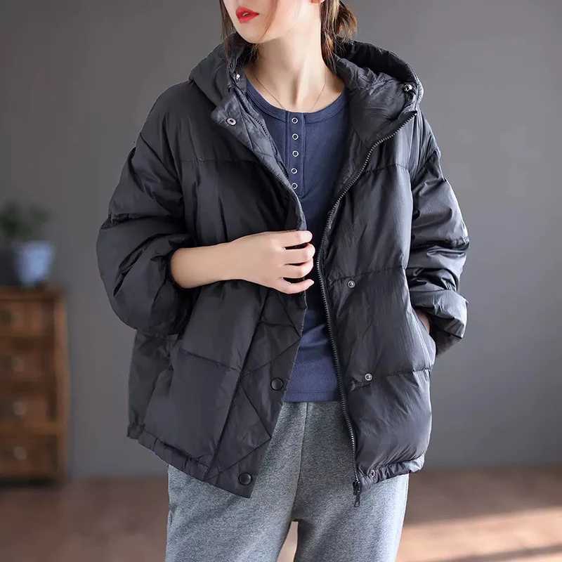 Korean Style Coat Women 90 White Duck Down Jacket Loose Casual Over Size Autumn Winter Warm Outwear with Hood JacketsT251105