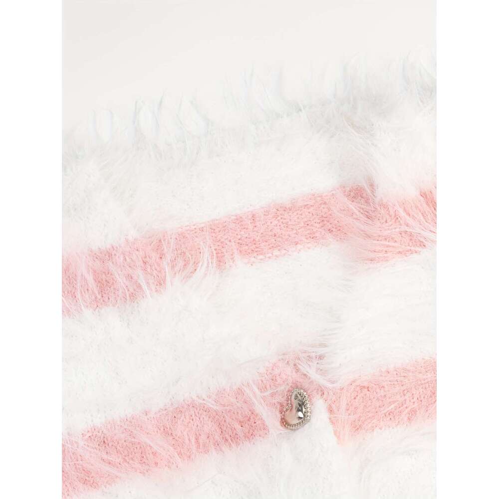 Women's Elegant Pink White Striped Faux Fur V-Neck Cardigan - Cozy Short For Fall/Winter, Soft & Stylish Layering Piece, Winter Jacket