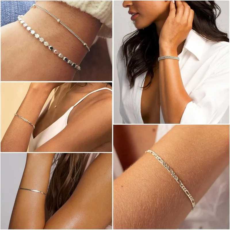 6pc/set Waterproof Stainless Steel Bracelet Set for Women Girls Fashion Bead Figaro Herringbone Paperclip Chain Bracelets PackXJ251105