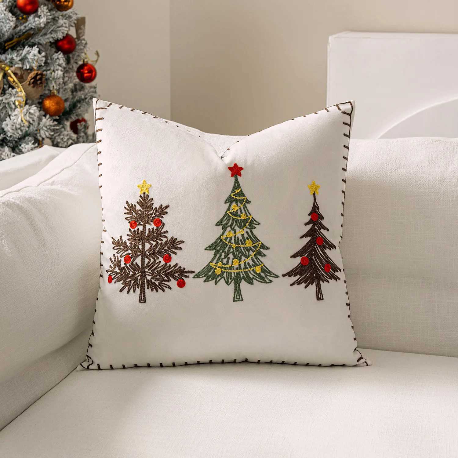 Christmas Tree Embroidered Velvet Cushion Cover 45x45cm Solid Color Pillow Case for Xmas New Year Home Decor Party Gift Y251105