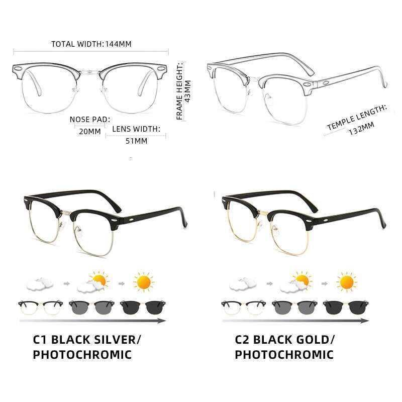 Classic Half Frame Photochromic Sunglasses Men Women Retro Rivet Chameleon Sun Glasses Male Fashion Change Color Driving Shades