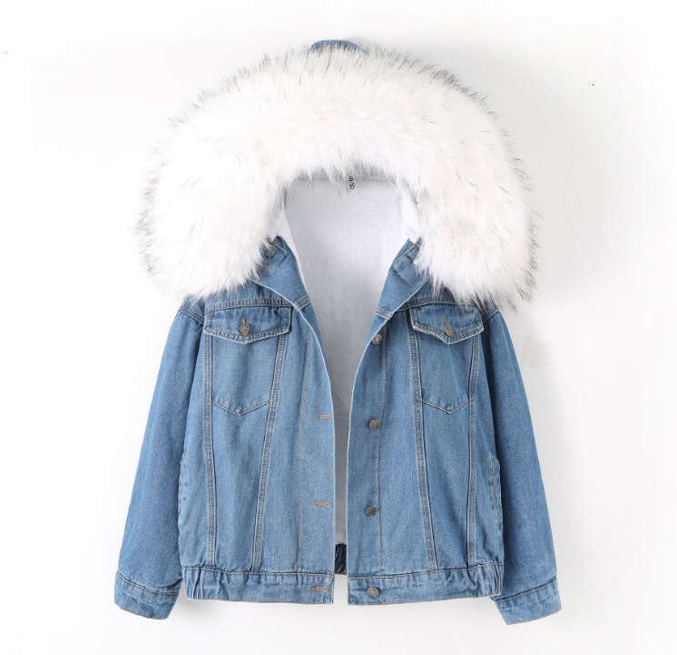 Large Fur Collar Denim Jacket For Women, Short Style, Winter New Versatile Korean Version, Loose Fit, Fleece Lined, Thickened Cotton Coat B5