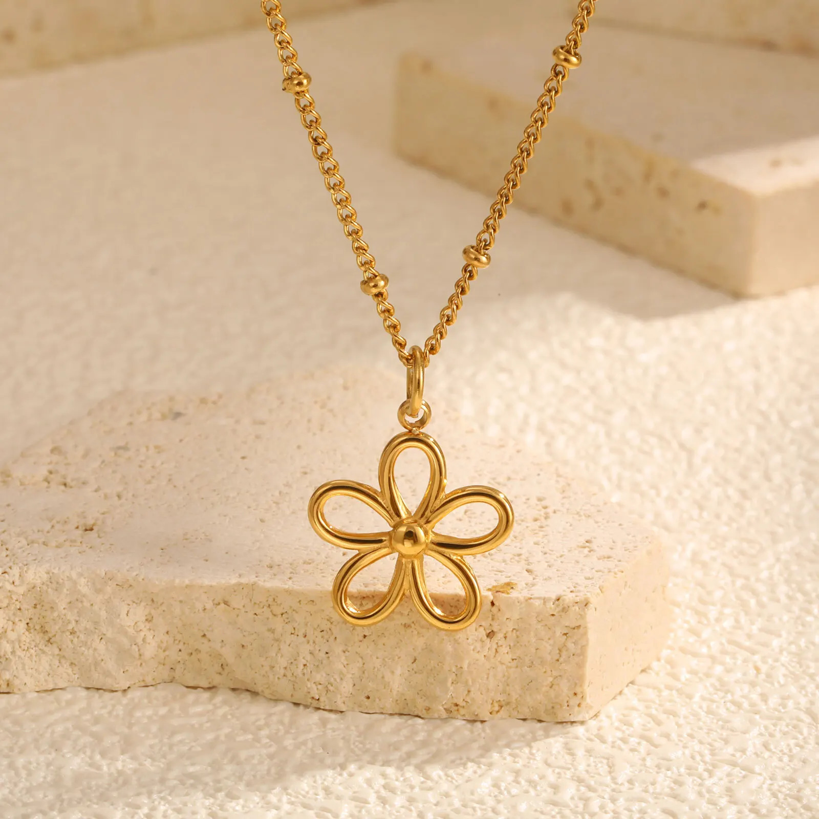 Chic Flower Pendant Necklace for Women Girls Stainless Steel Beads Chain NecklaceTrendy Mothers Day Gift Jewelry 251031