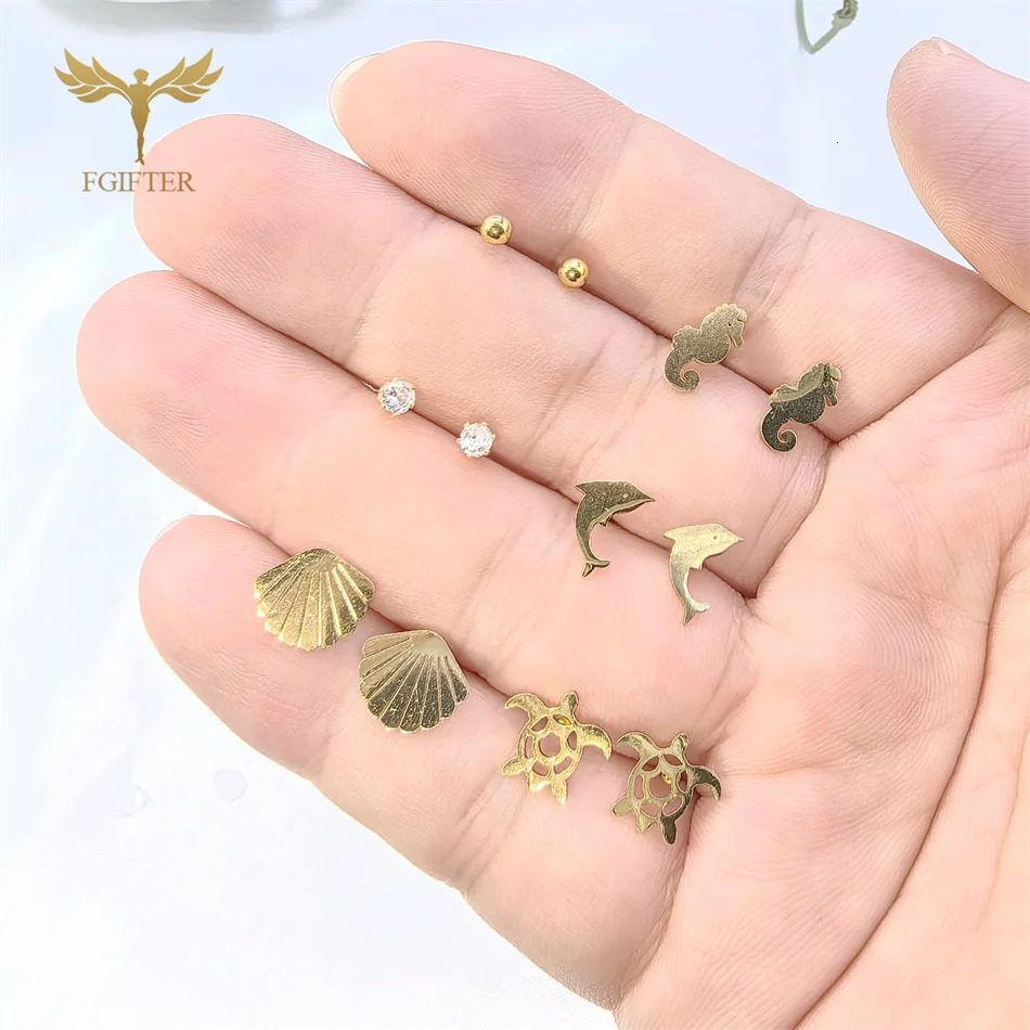 6 Pairs Small Stainless Steel Stud Earrings Set Cute Animal Fish Dolphin Shell Starfish Turtle Ball Girls Jewelry Christmas Gift 251104