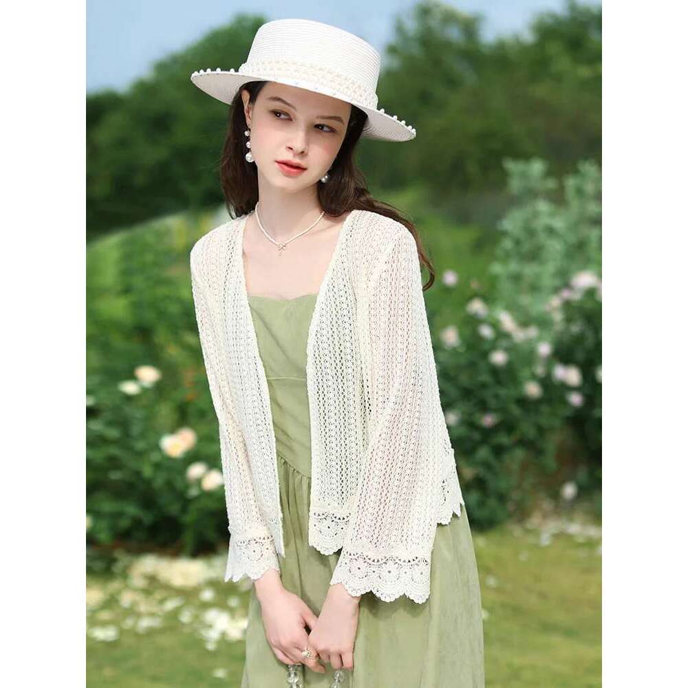 French Women Lace Cardigan Hollow Out Light Small Jackets Summer New Casual Air Conditioning Shirt