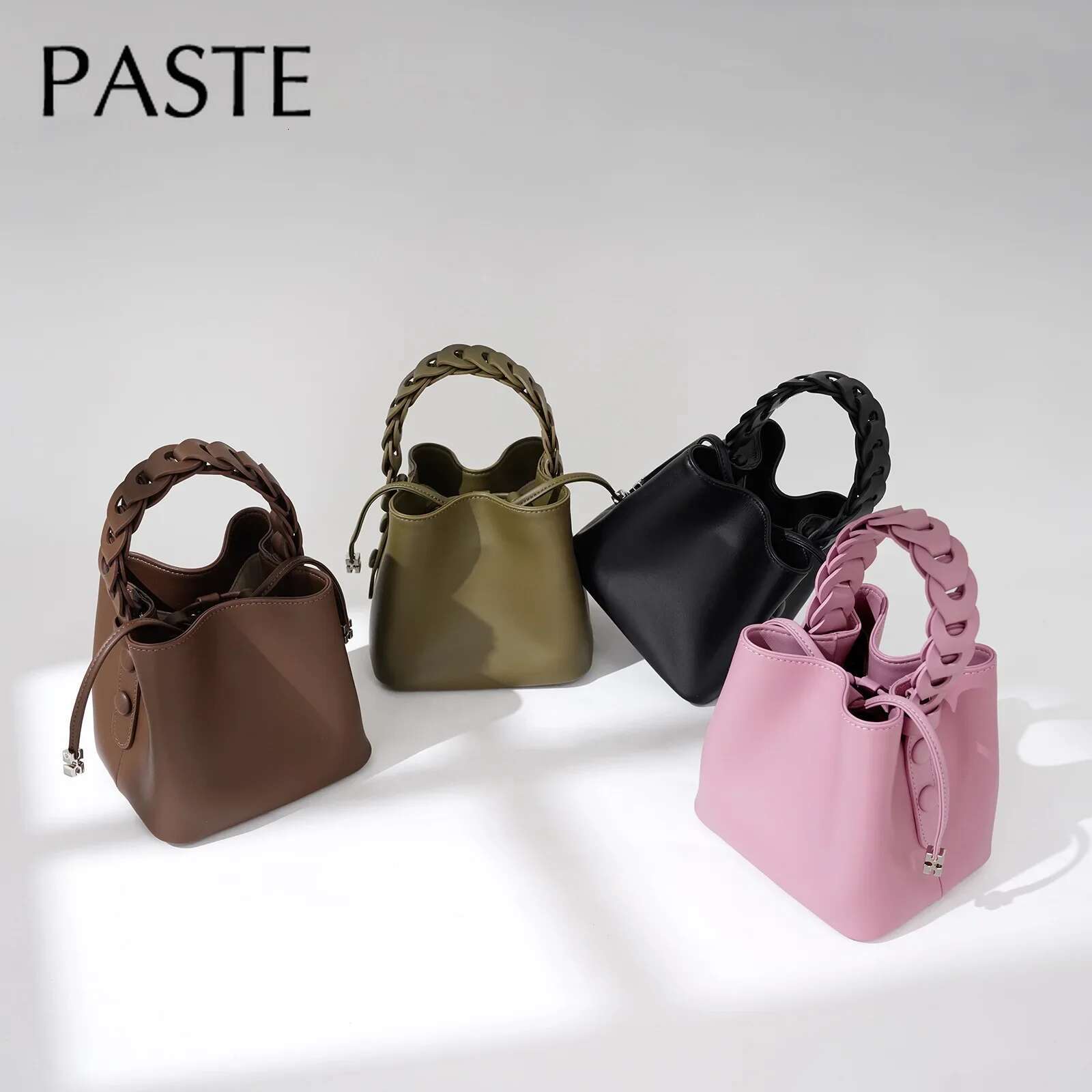 Handmade Woven Handle Small Bucket Tote Olive Green Pink Color Glossy Split Cow Leather Women Shoulder Bag String Close Purse