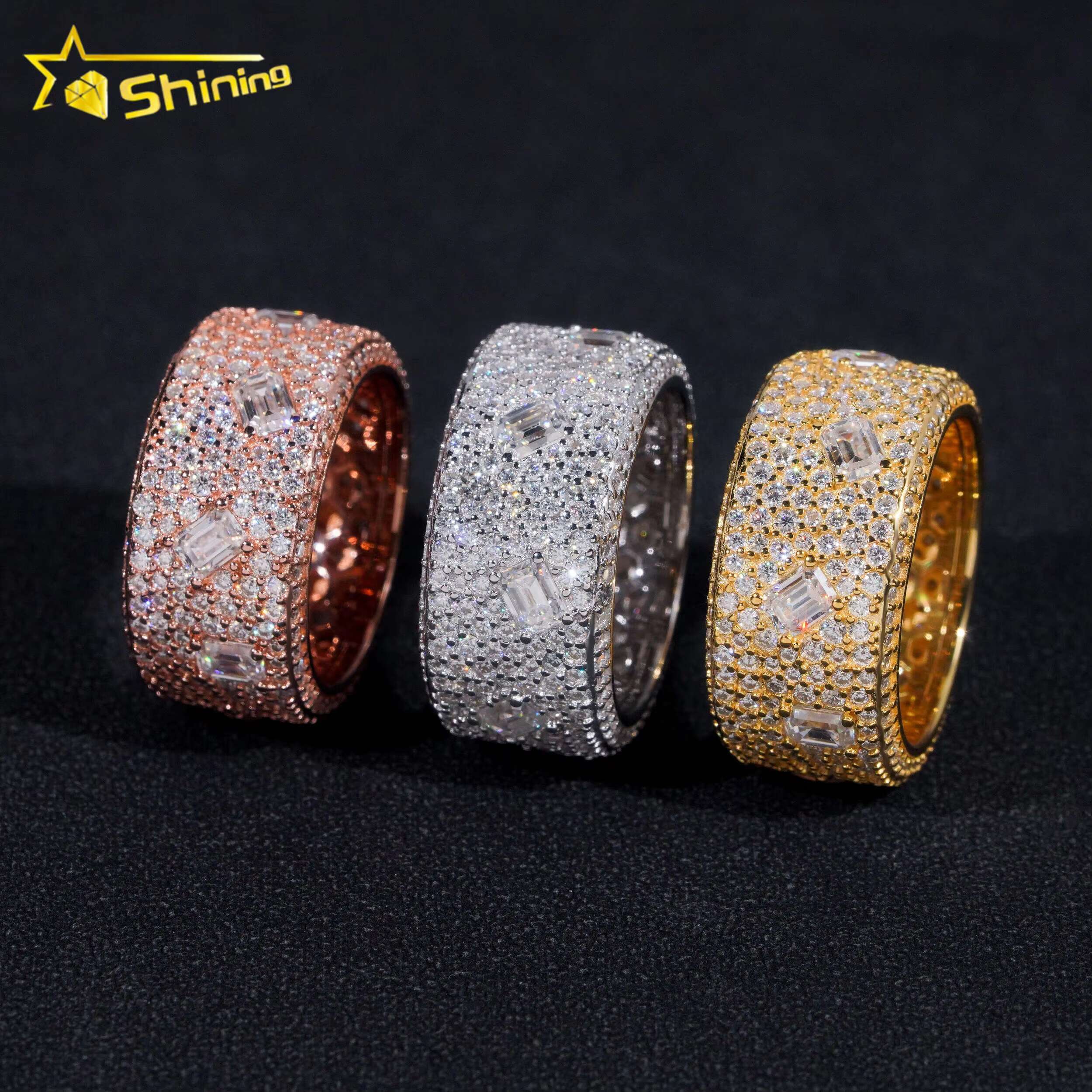 GRA Certificate 925 Sterling Silver Gold Plated Hip Hop Jewelry Baguette Fully Iced Band Rings VVS Moissanite Hip Hop Ring