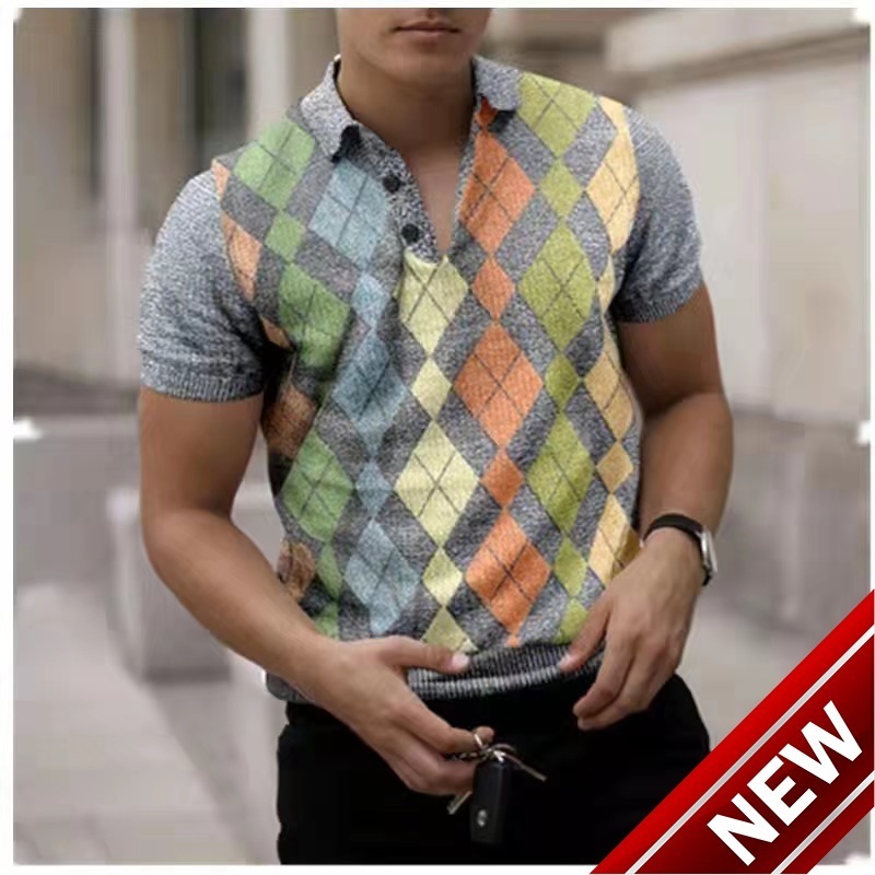 Summer new mens casual personality 3D printed buckle short sleeved casual polo