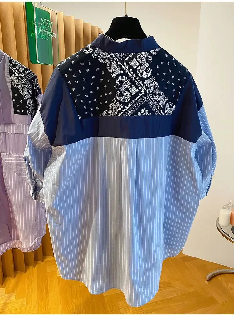 Striped short-sleeved shirt female summer and autumn stitching printed cotton and linen retro plus size loose top 250402