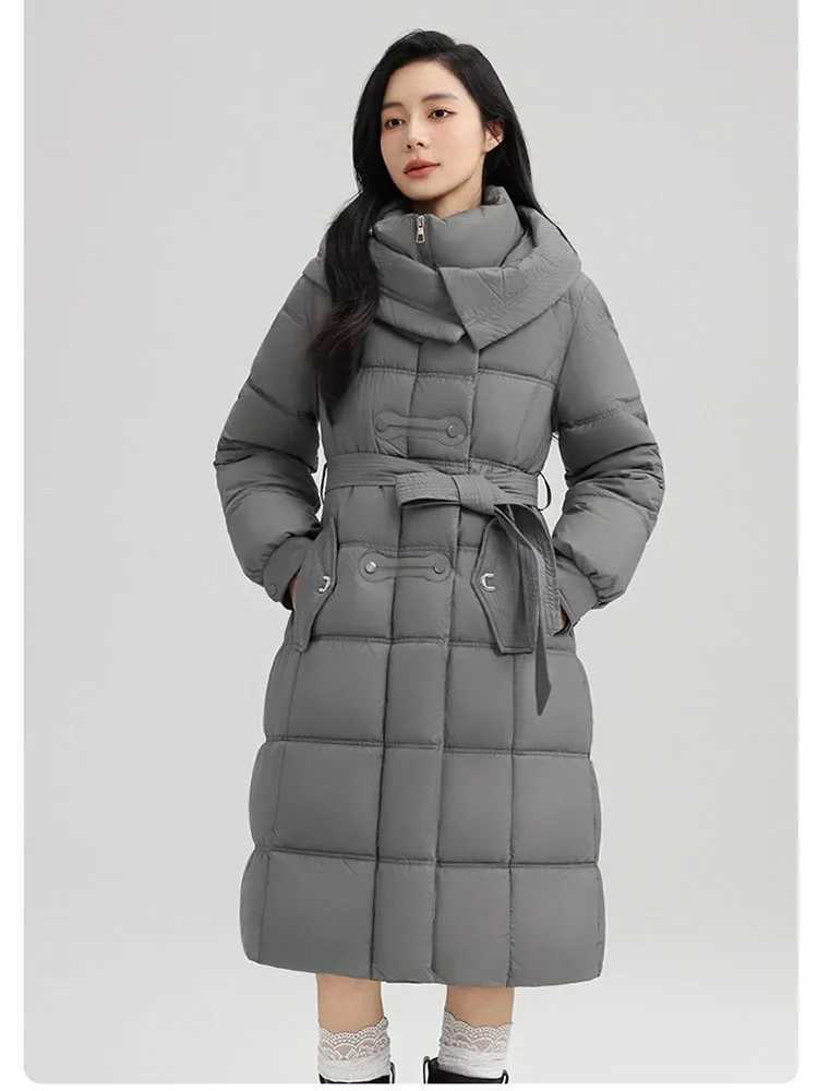 Winter New Long Hooded Cotton Padded Jacket Coat Women Thick Parkas Female Casual Outerwear with Belt Loose Overcoat For WomenT251105