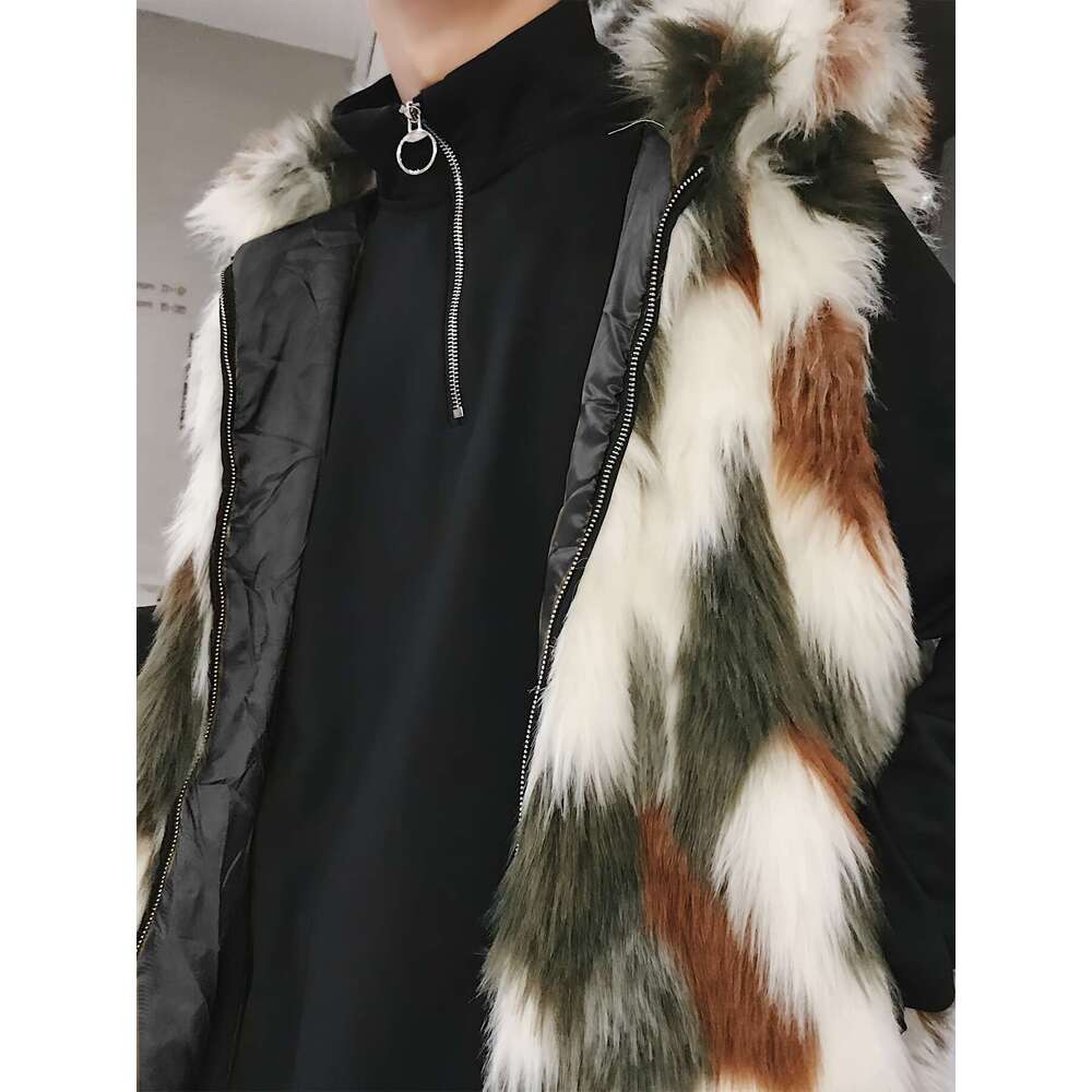 Men's Plush Faux Fur Hooded - Stylish Brown & White Color Block, Zip-Up, Long Sleeve, Warm Fall/Winter Outerwear, Casual Polyeer Jacket For Coupl