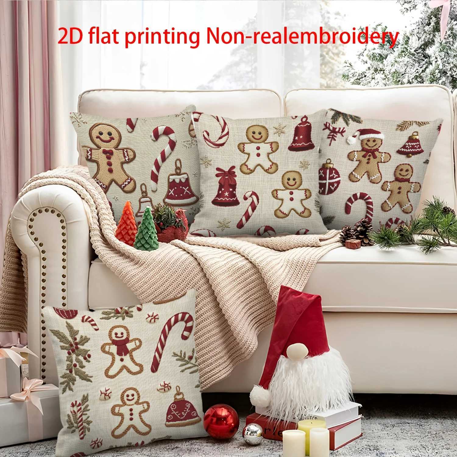 4pcs Christmas Gingerbread Pillow Covers Bell Candy Cane Print 2D Polyester Zipper Closure for Sofa Decor Y251105