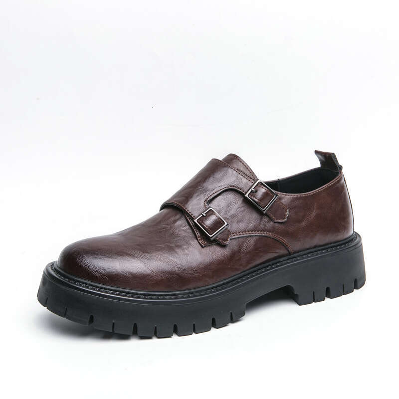 Large men's hand grip pattern big toe 2024 spring and autumn buckle thick soled high rise British suit leather shoes