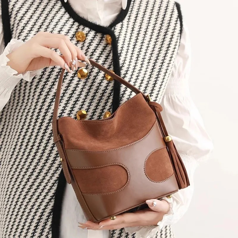 Retro matte bucket bag for women summer trendy simple pu leather commuting handbag casual single-shoulder crossbody bag 251104