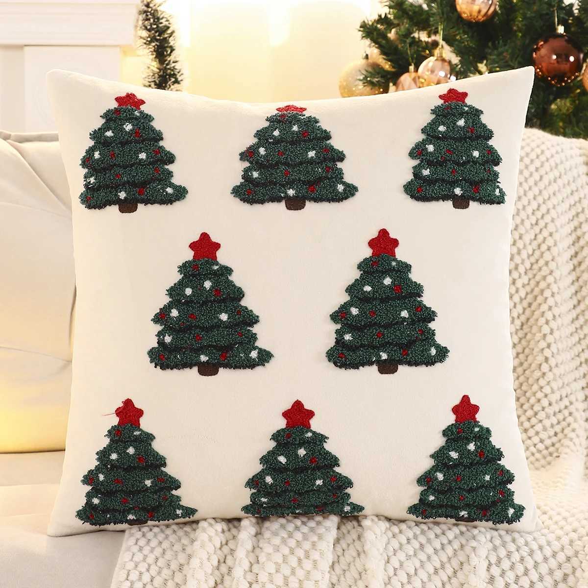 1 PC Christmas Tree Throw Pillow Cover Velvet Embroidery Candy Christmas Decoration Living Room Y251105