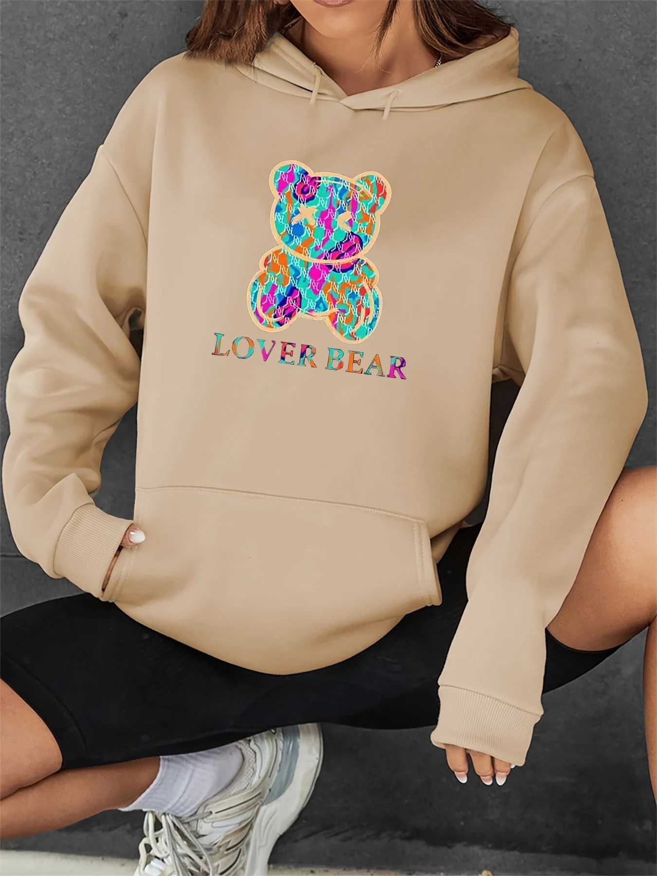 Womens autumn and winter warm loose casual cute bear pattern printed velvet long sleeved hooded sweatshirtT251105