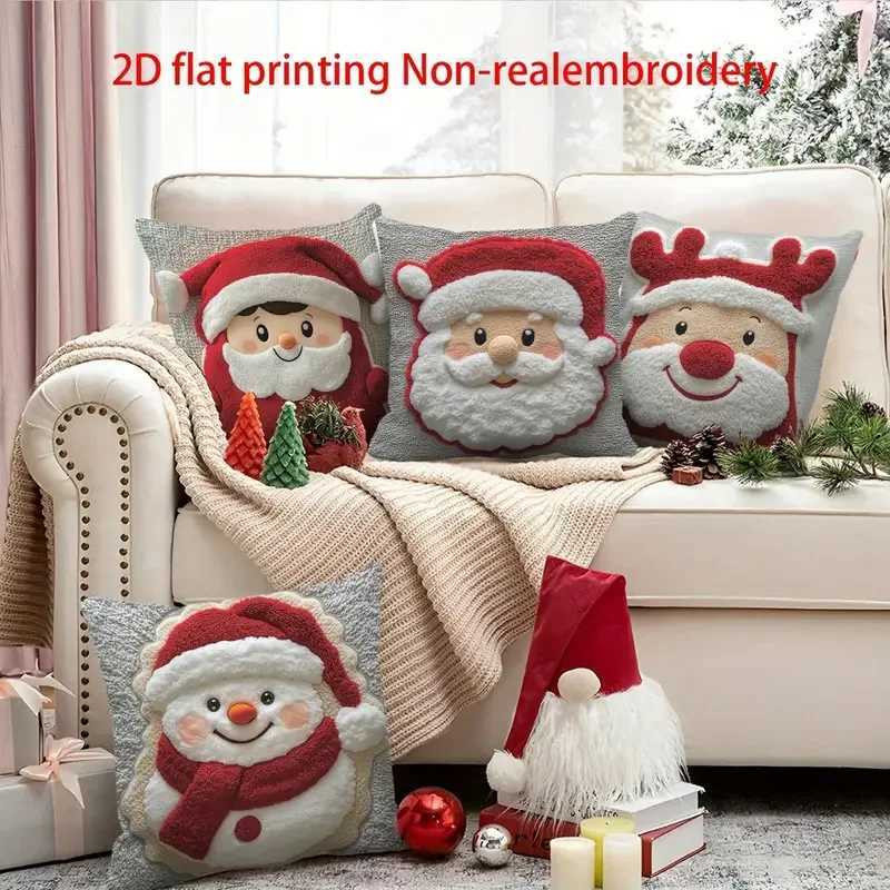 Christmas Cushion Cover 2D Printed Santa And Reindeer Pattern Soft Plush Pillow Case For Home Living Room Sofa Decor Y251105