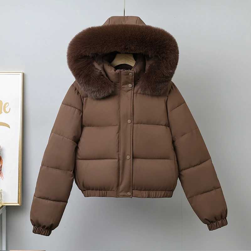 Short Parkas Loose Winter Cotton Padded Jackets Solid Big Fur Collar Womens Long Sleeve Thick Warm Hooded Bread Clothes TrendT251105