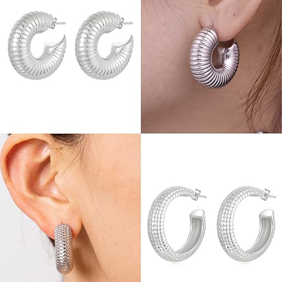 8 Pairs Chunky Hoop Earrings Sets for Women Lightweight Twist CZ Open Huggie Hoops Minimalist Thick Cartilage Hollow Earring Piercing Jewelry Gift Sil