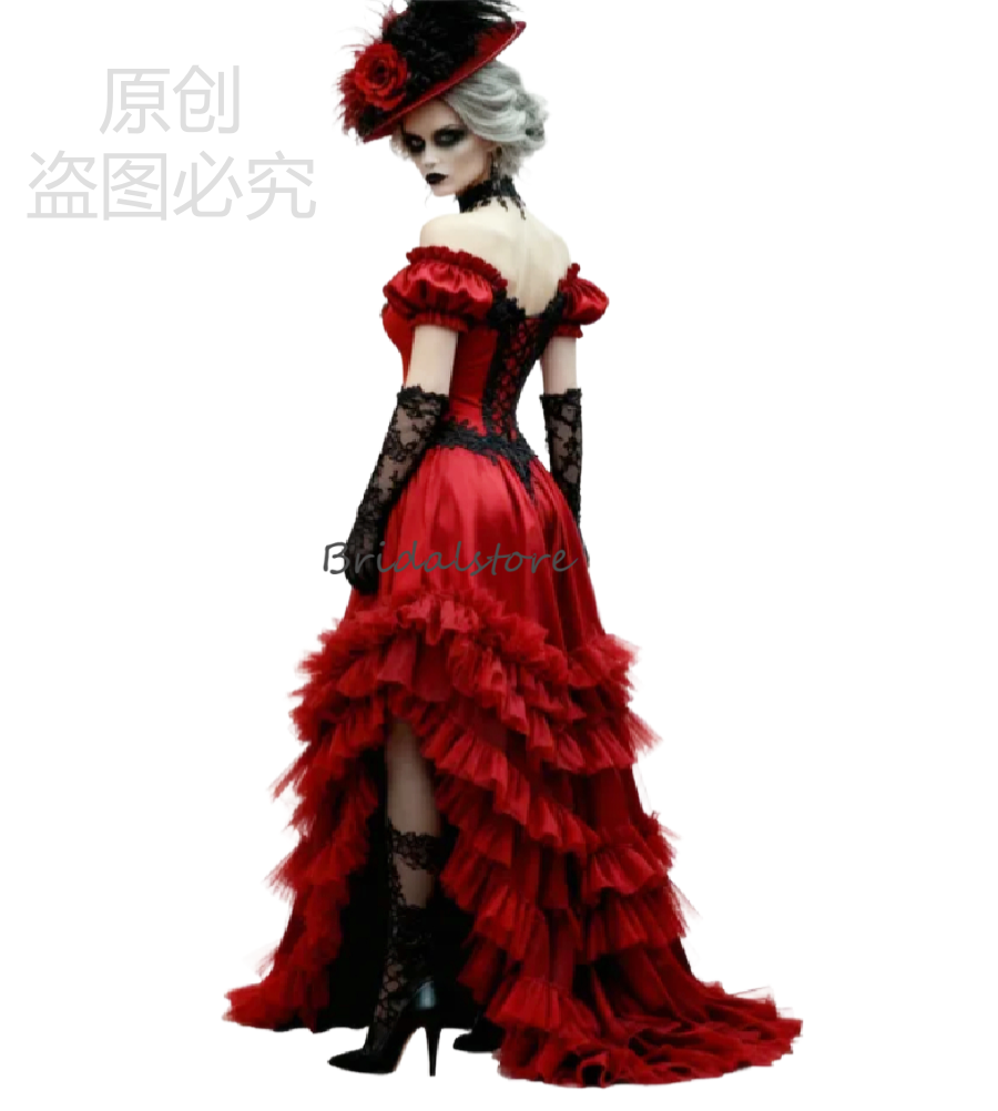Vampire Red Gothic Evening Dress With Tiered Ruffles Off Shoulder Black Lace Prom Dress 2026 Costume Corset Medieval Formal Gown 1950s Vestidos De Nov