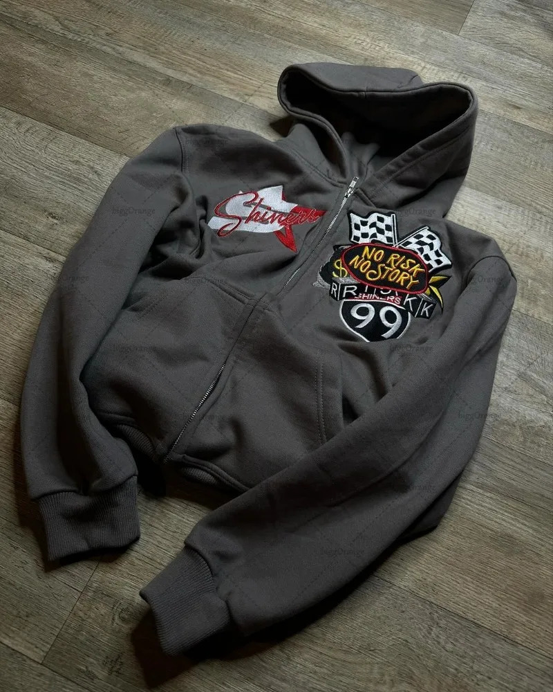 Streetwear Trend Color Zipper Hoodie American Retro Printed Oversized Sweatshirt Mens Hip Hop Punk Casual Loose Jacket Couple 250402