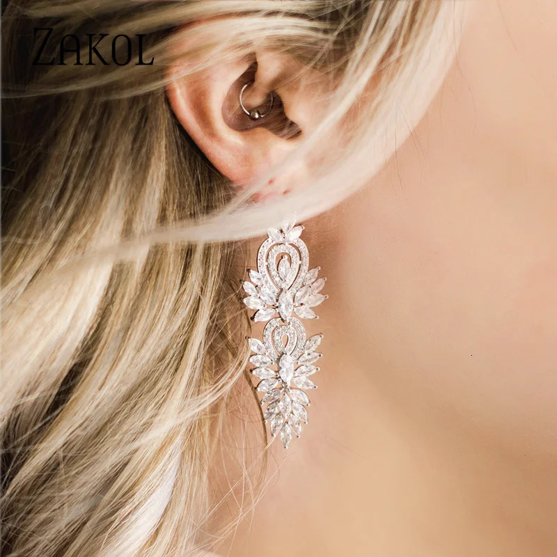 Leaf Marquis Zircon Long Pendant Earrings Shining Cubic Zirconia Bridal Womens Wedding Party Jewelry Accessories 250326