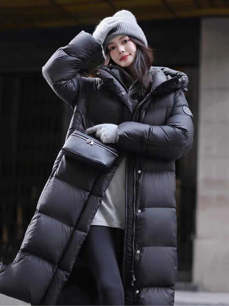 Winter Waterproof Puff Hooded Down Jacket Female Zipper Long Parker Outwears Women White Duck Down Warm Knee Length Down JacketsT251105
