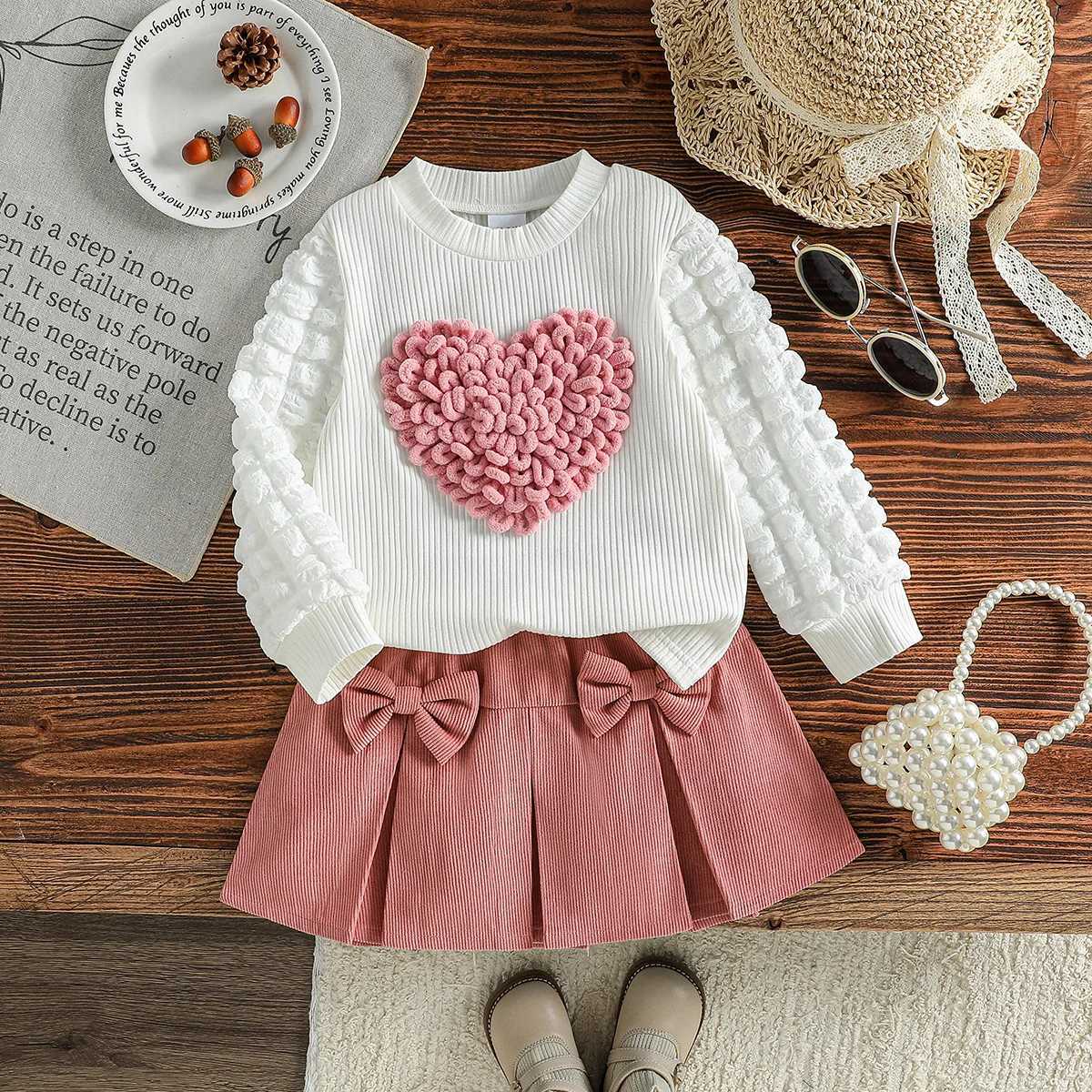 2PCS Children Spring Autumn New Style For Kids Girls 1-6Y Sweet Bubble Sleeve With Heart Top Short Skirt With Bow Clothes Set Y251105