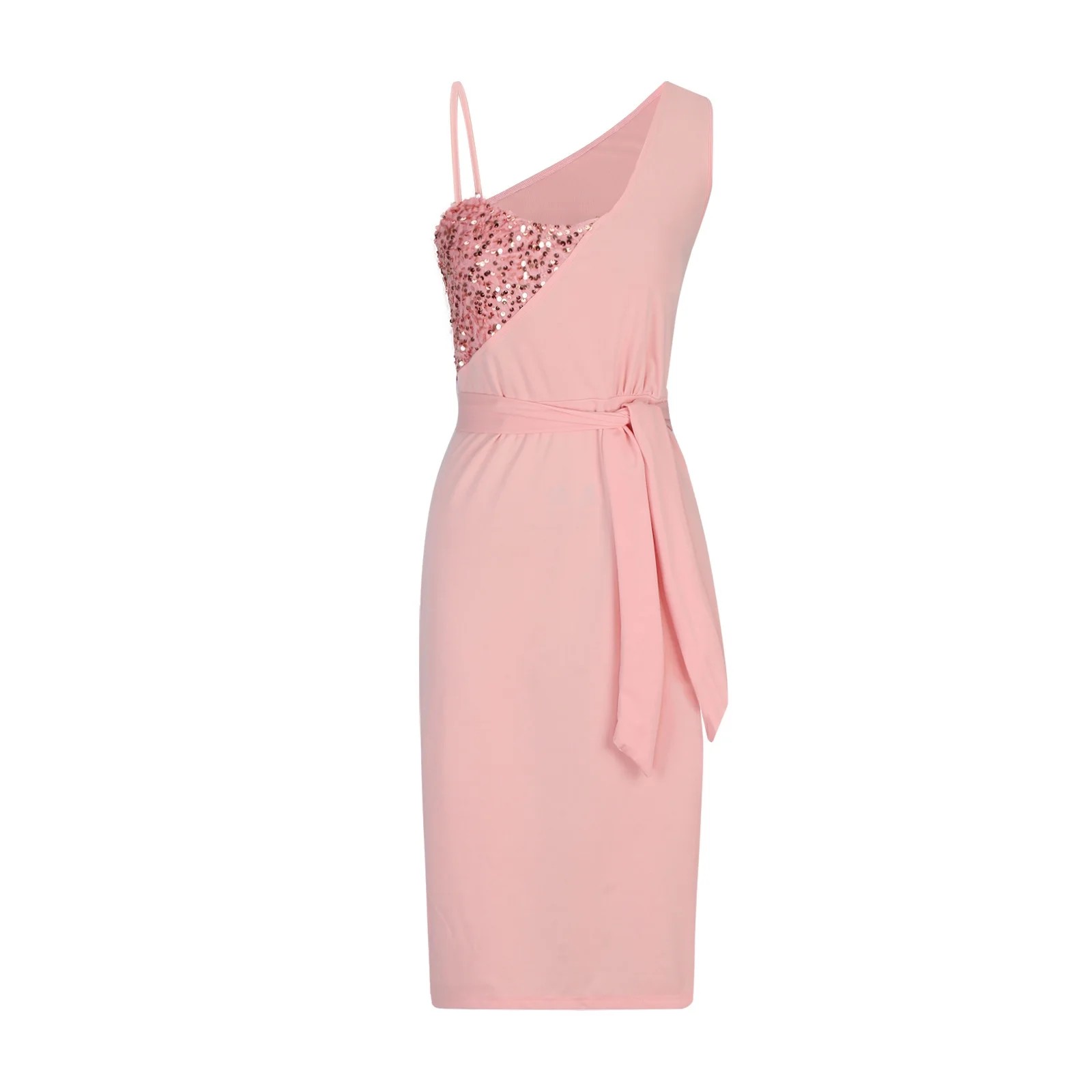 Women's Asymmetric Sequin Midi Dress, One-Shoulder Bodycon Dress with Side Slit for Cocktail & Party Events 23572