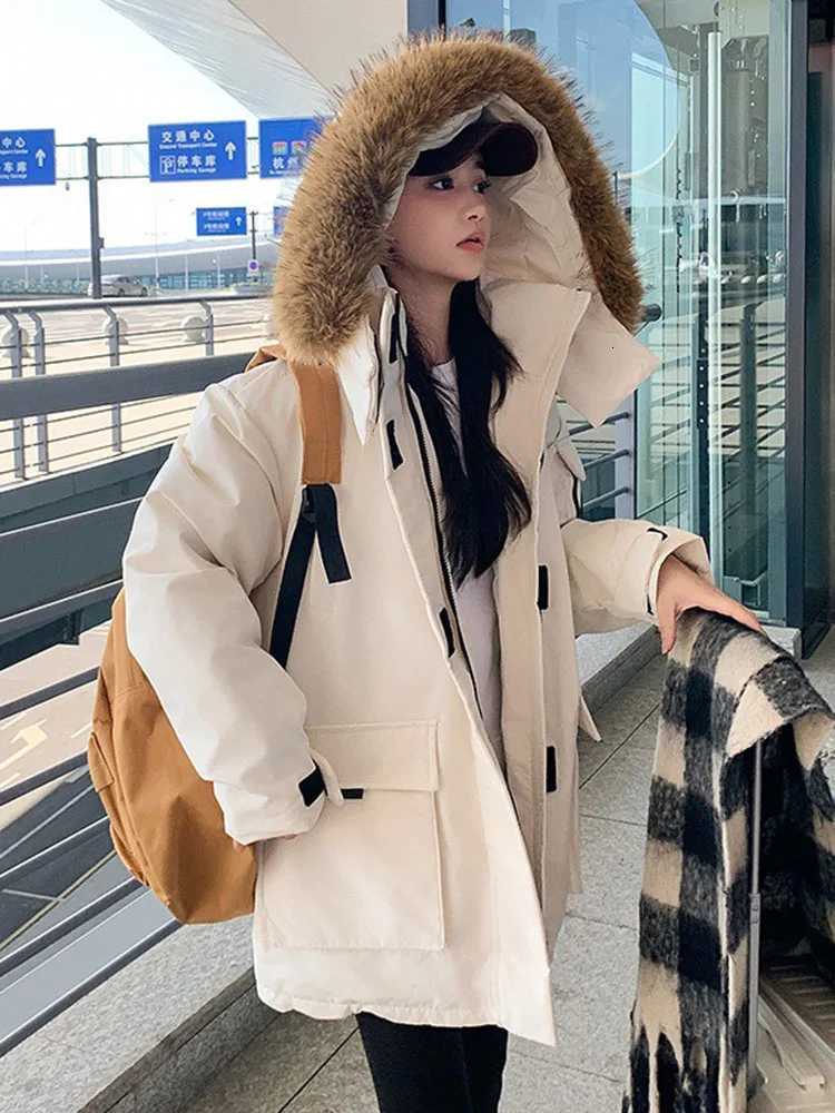 Korean Design Thicken Loose Jackets Tops Women Hooded Zipper Long Sleeve Abrigos Winter Warm Faux Fur Collar Down Cotton CoatsT251105