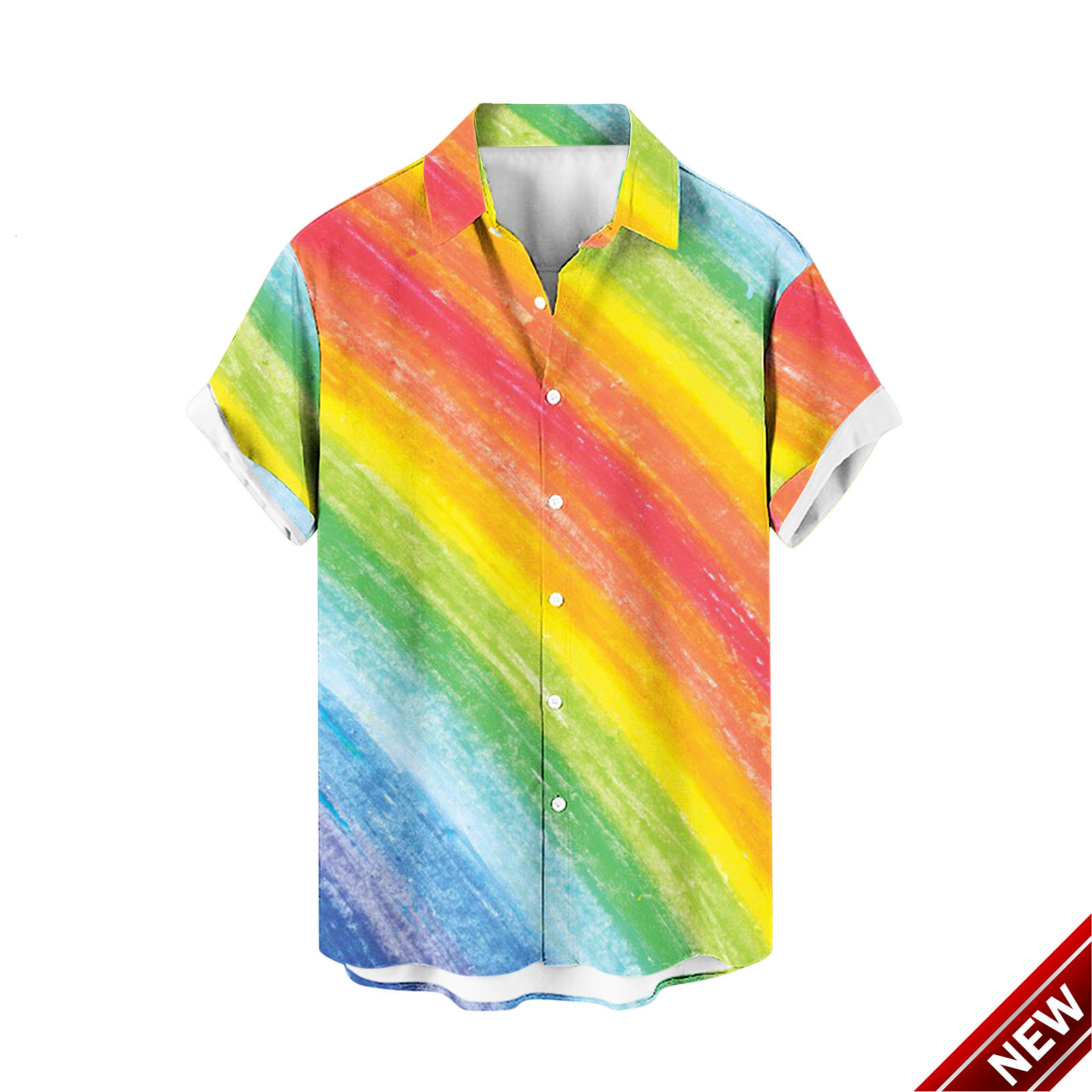 2024 Mens Spring New Four sided Elastic Collar Rainbow Printed Hawaiian Beach Casual Short sleeved Shirt